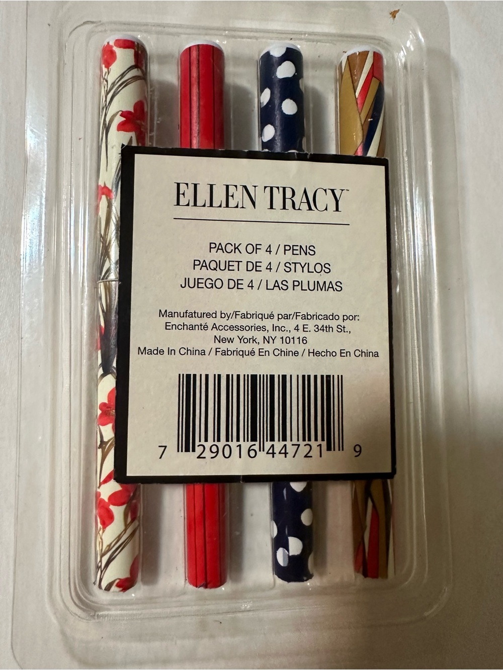 Ellen Tracy Pack of 4 Decorative Pens - Red, Navy, White, Gold Patterns